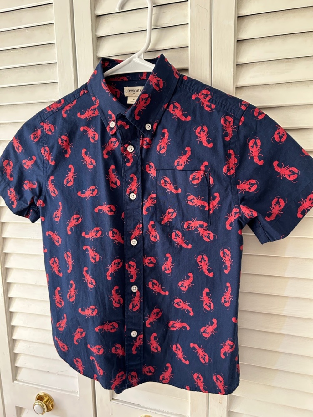 Crewcuts Boys' Navy Short-Sleeve Button-Down Shirt with Red Lobster Print Size 8